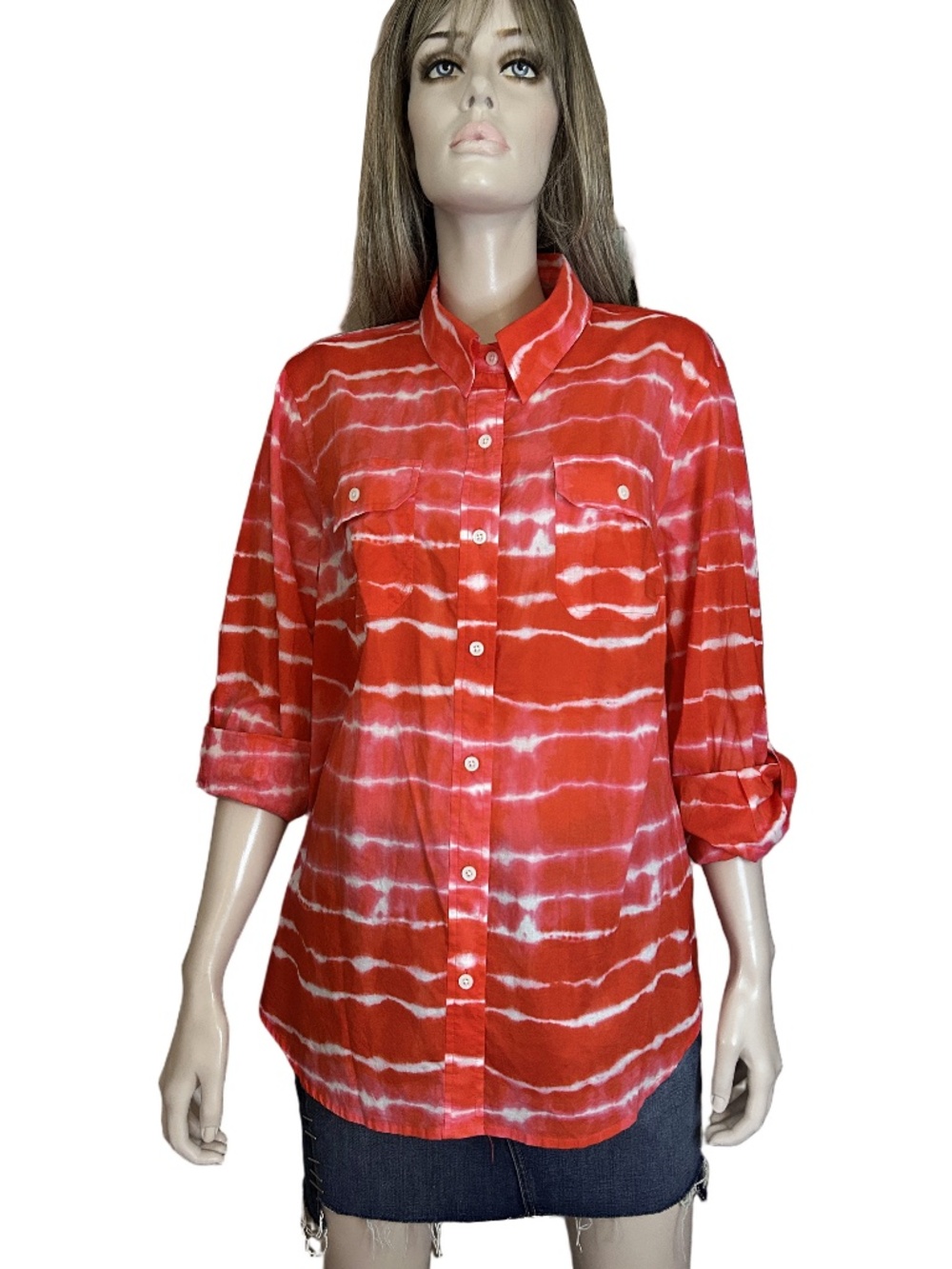 Jones New York Sport Blouse Shirt Orange-Red Tie-Dye Button Down Roll Tab Sleeve